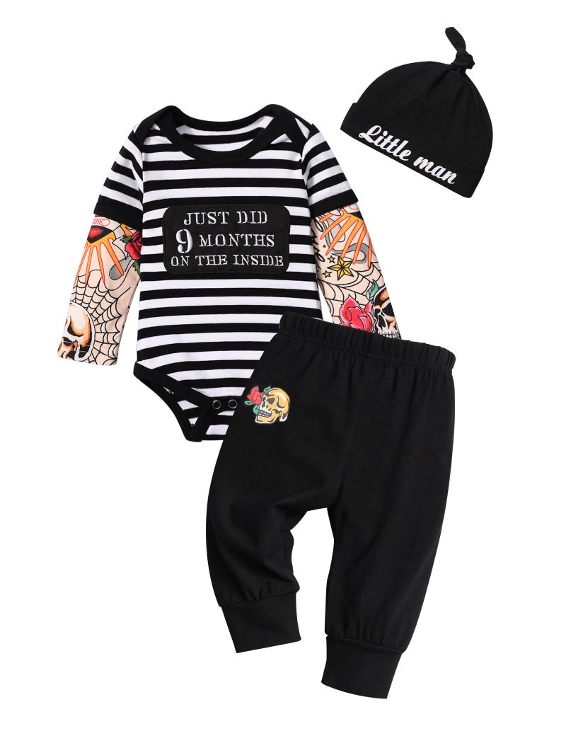 Fommy Baby Boy Clothes 0-3 Months Fake Tattoo Sleeve Just Did 9 Months On The Inside Funny Baby Romper Rockabilly Bodysuits +Little Man Hat + Skull Pant 3PCS Outfits Set - Image 1